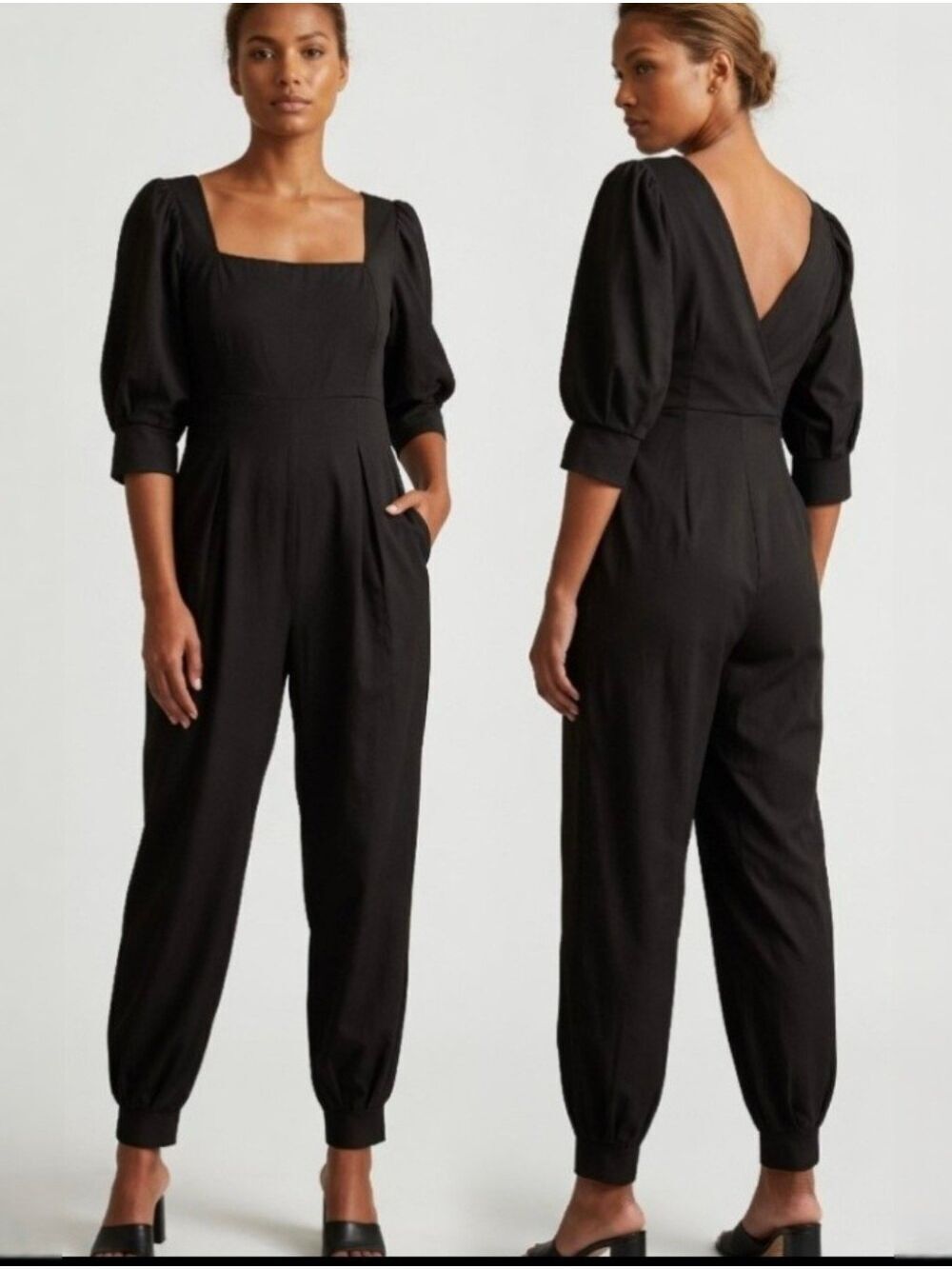 Halara Black Square Neck Half Sleeve Jogger Jumpsuit Size Small NWT